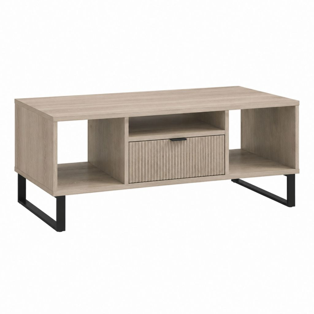 Table basse rectangulaire chêne clair en panneaux de particules avec tiroir et niches 100 x 50 x 45 cm
