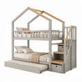 Lit superposé enfant cabane avec escalier de rangement et lit gigogne gris et bois naturel en pin massif 90 x 200 cm