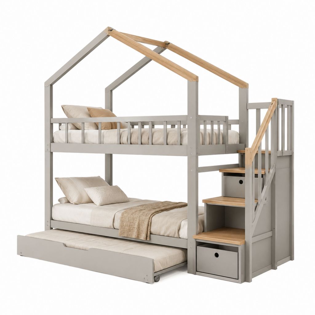 Lit superposé enfant cabane avec escalier de rangement et lit gigogne gris et bois naturel en pin massif 90 x 200 cm