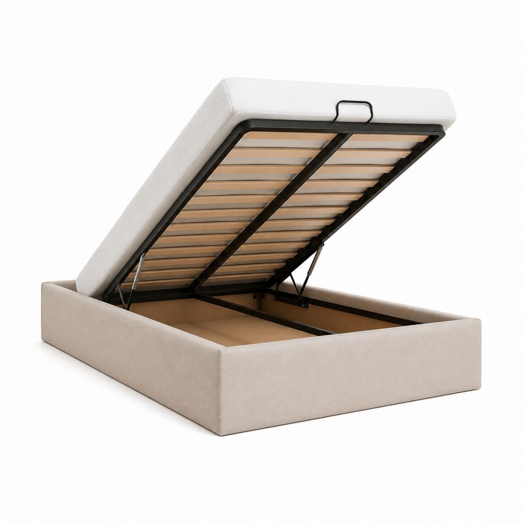 Lit coffre 160 x 200 cm beige en polyester avec sommier à lattes et ouverture hydraulique