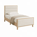 Lit simple 90 x 190 cm en chêne clair avec tête et pied de lit capitonnés beige