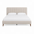Lit double 160 x 200 cm beige en polyester avec tête de lit capitonnée et pieds en bois massif