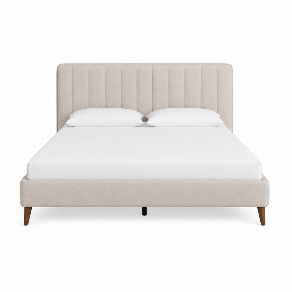 Lit double 160 x 200 cm beige en polyester avec tête de lit capitonnée et pieds en bois massif