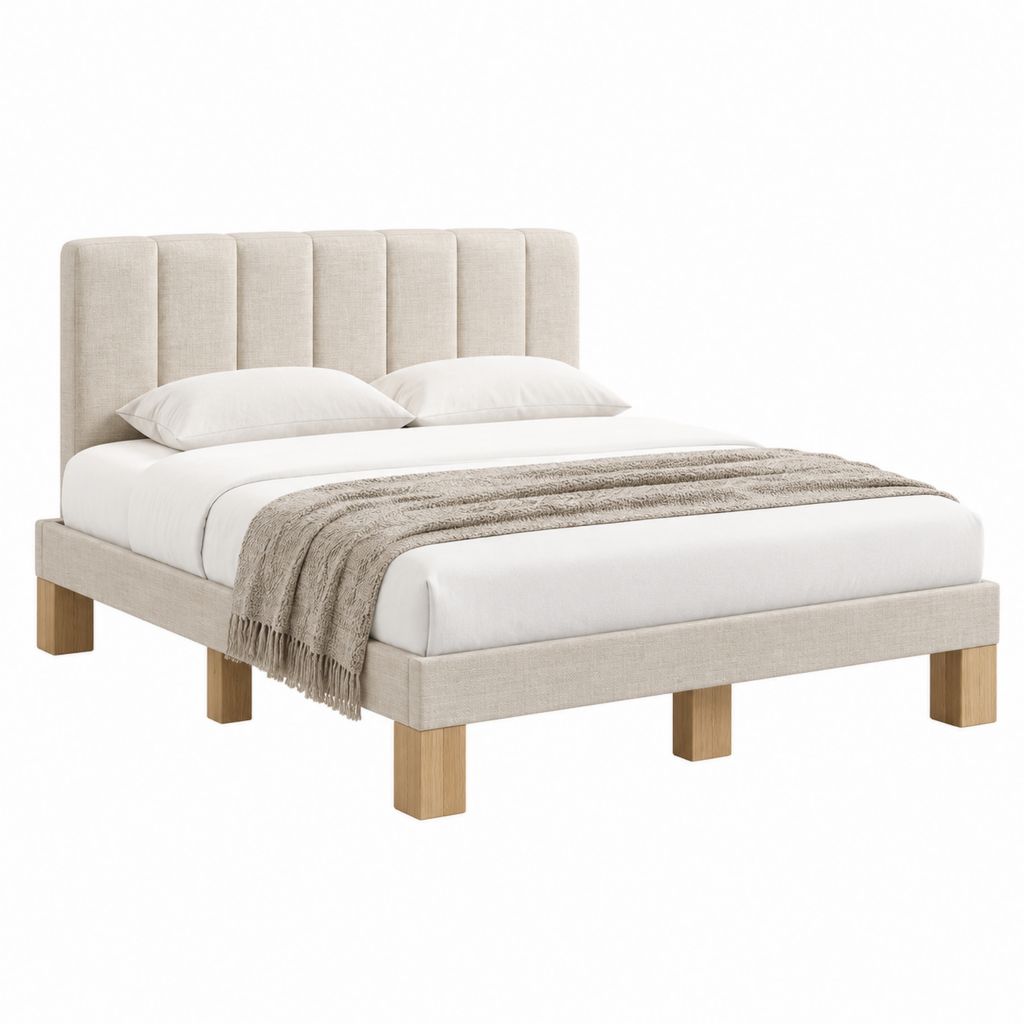 Lit double 160 x 200 cm beige en polyester avec cadre en MDF et pieds en bois massif
