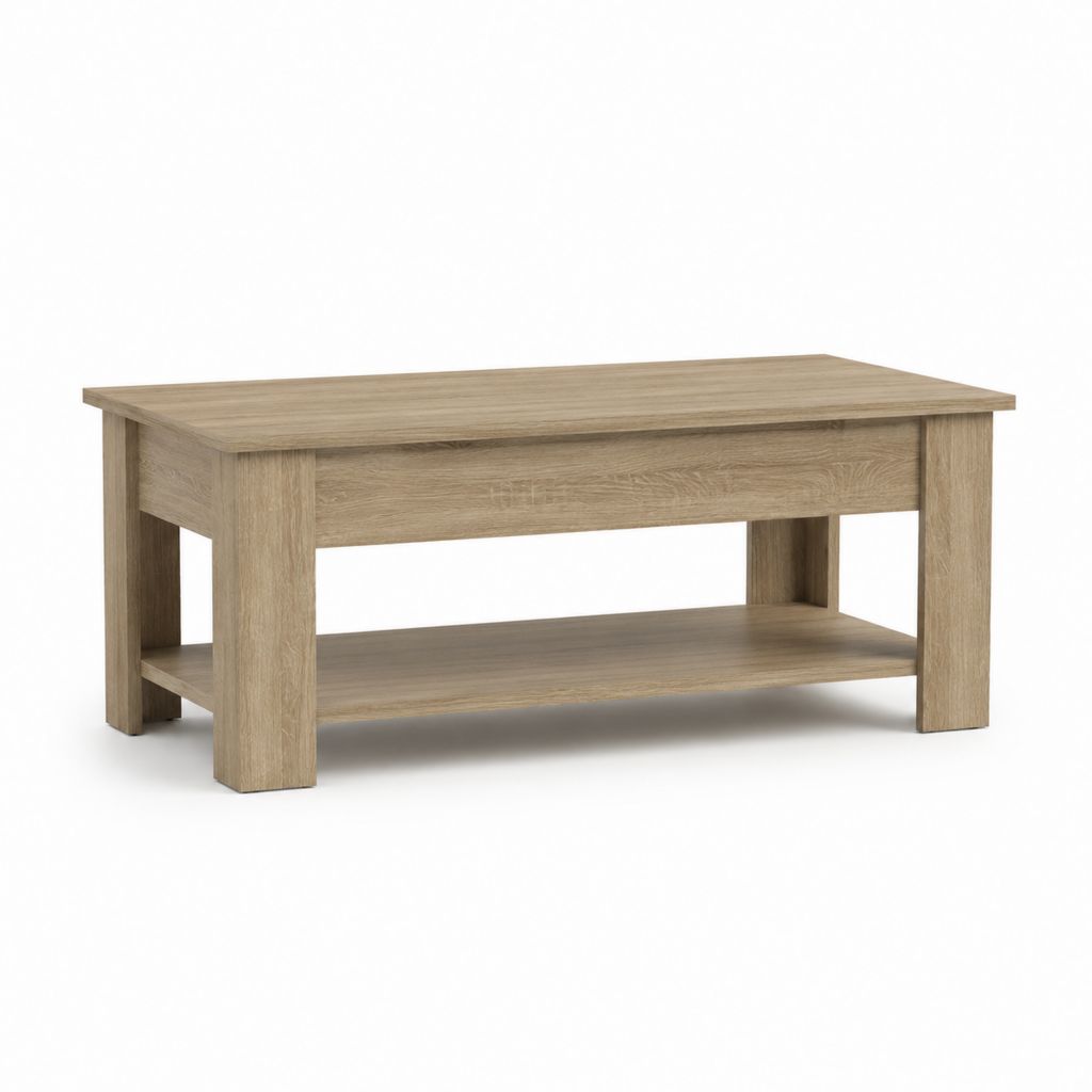 Table basse rectangulaire chêne clair en panneaux de particules avec étagère 100 x 60 x 45 cm