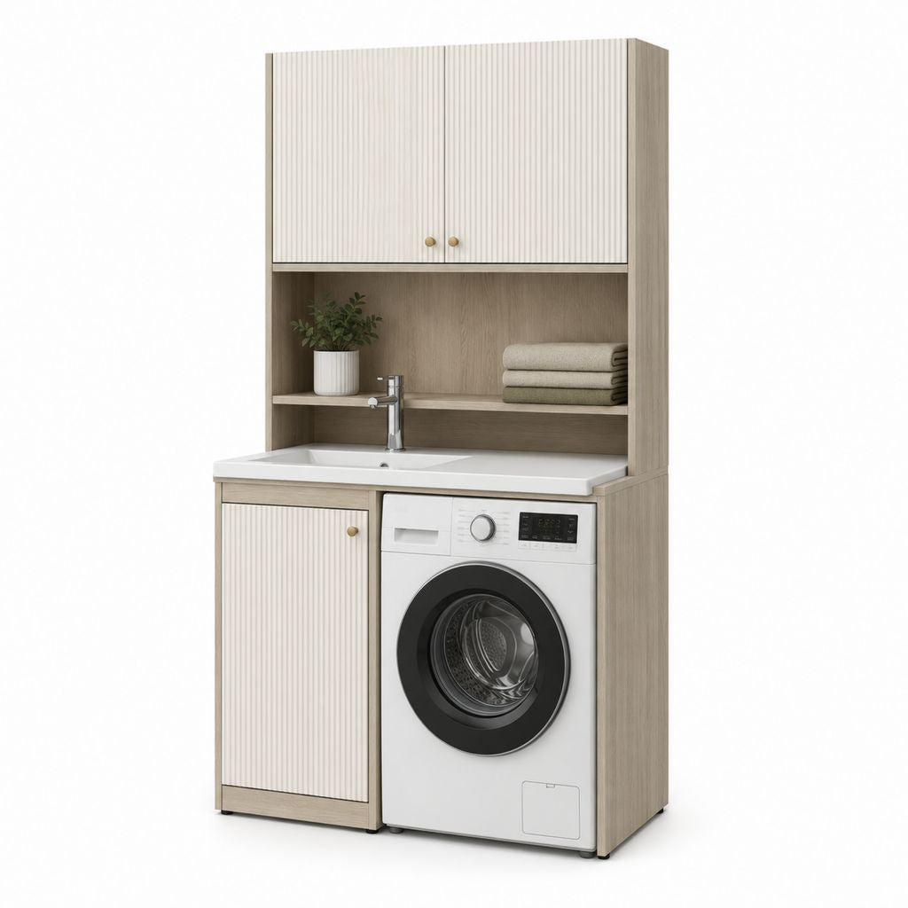 Meuble lave-linge de salle de bain avec lavabo et colonne de rangement chêne clair et blanc 120 x 60 x 190 cm