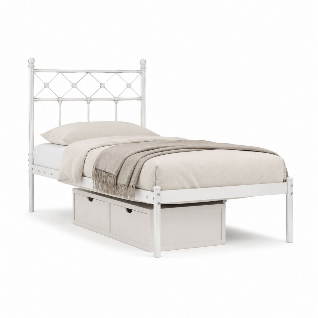 Lit simple avec rangement 90 x 190 cm en acier blanc avec 2 tiroirs 199 x 97 x 120 cm