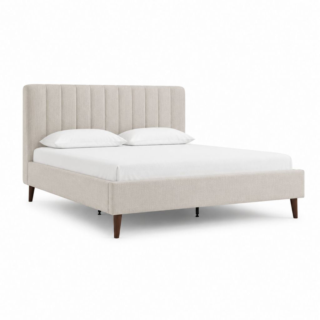 Lit double 160 x 200 cm beige en polyester avec tête de lit capitonnée