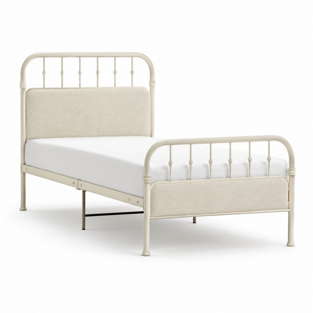 Lit simple 90 x 190 cm cadre de lit rectangulaire en acier peint beige avec panneaux en polyester