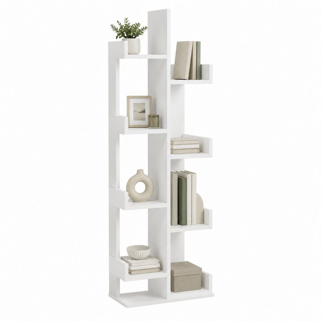 Bibliothèque étagère asymétrique blanche en panneaux de particules mélaminés 80 x 24 x 180 cm