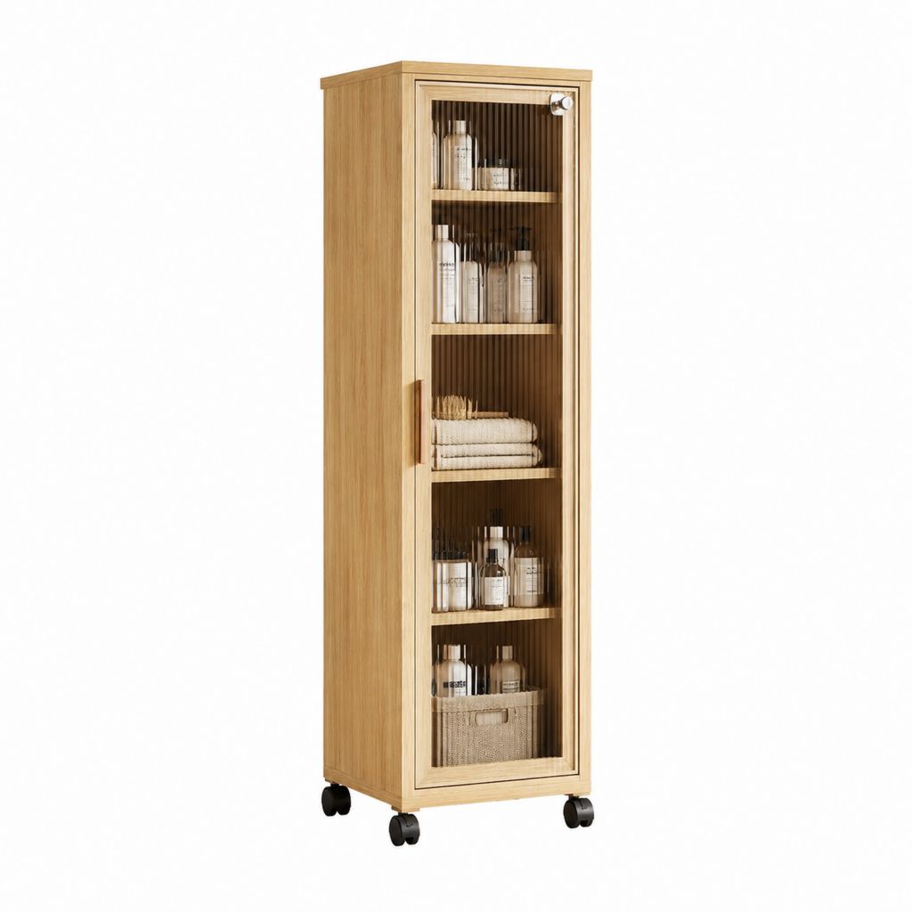 Colonne de salle de bain sur roulettes en bambou naturel avec porte nervurée 45 x 35 x 160 cm