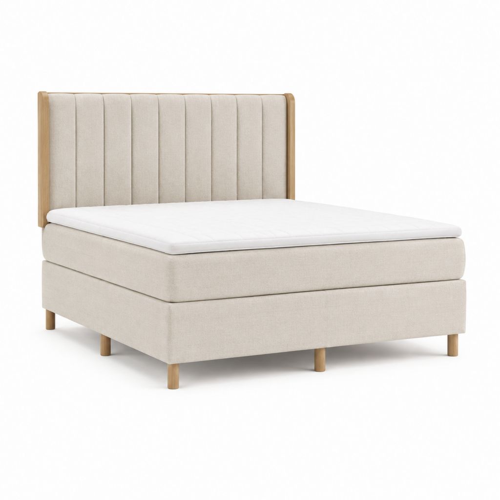 Lit boxspring 160 x 200 cm beige en polyester avec tête de lit capitonnée et pieds en chêne