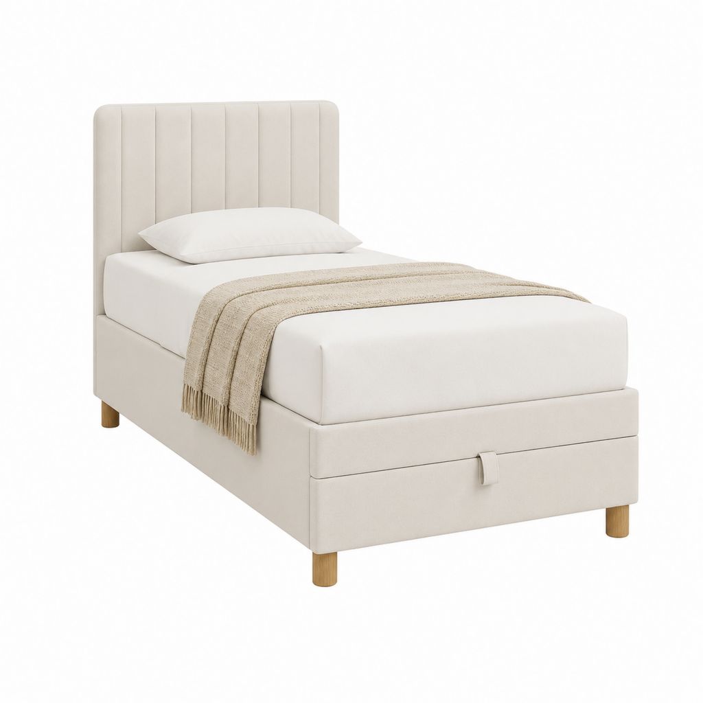 Lit coffre 1 place beige en polyester avec tête de lit capitonnée 90 x 190 cm