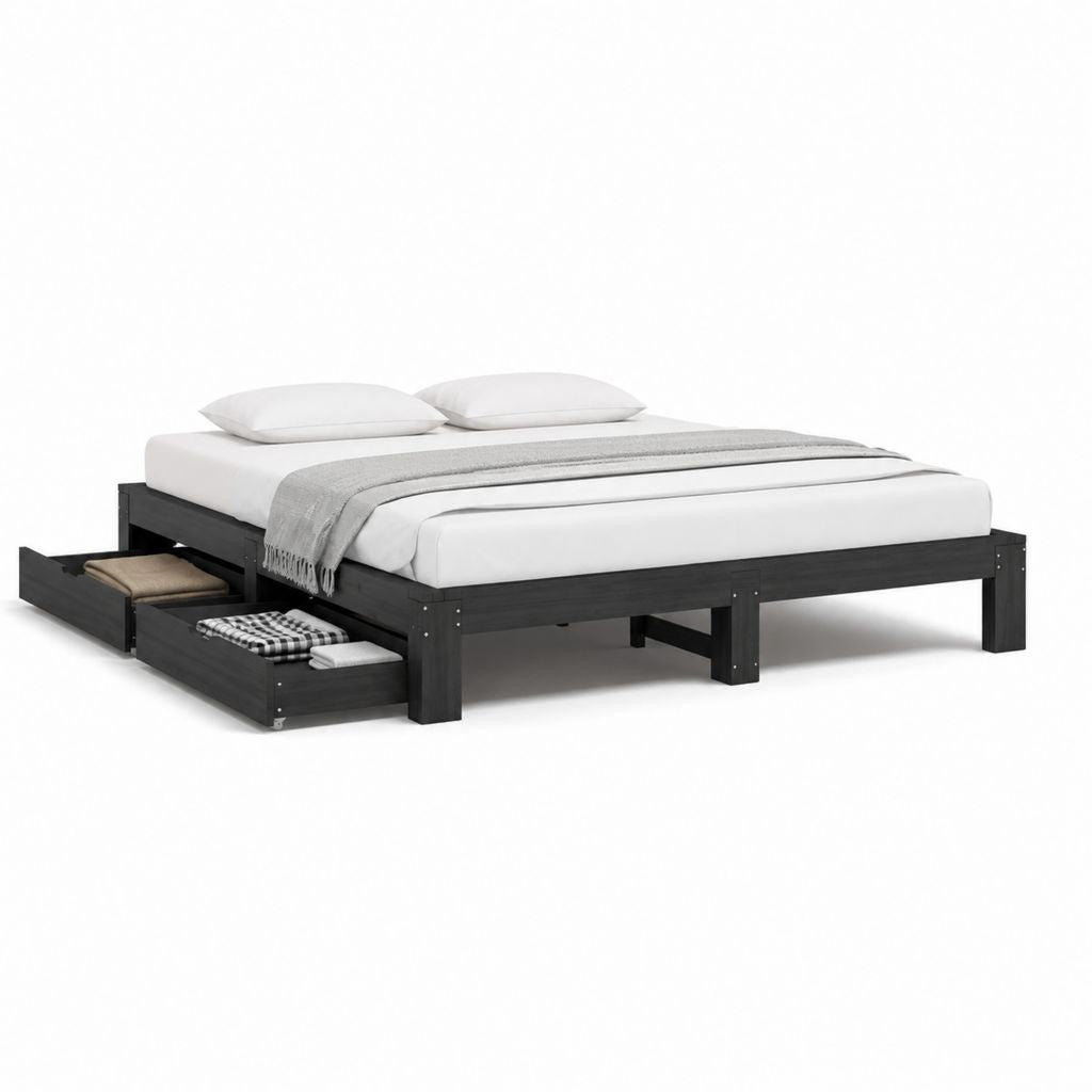Lit double avec rangement noir en bois massif 160 x 200 cm