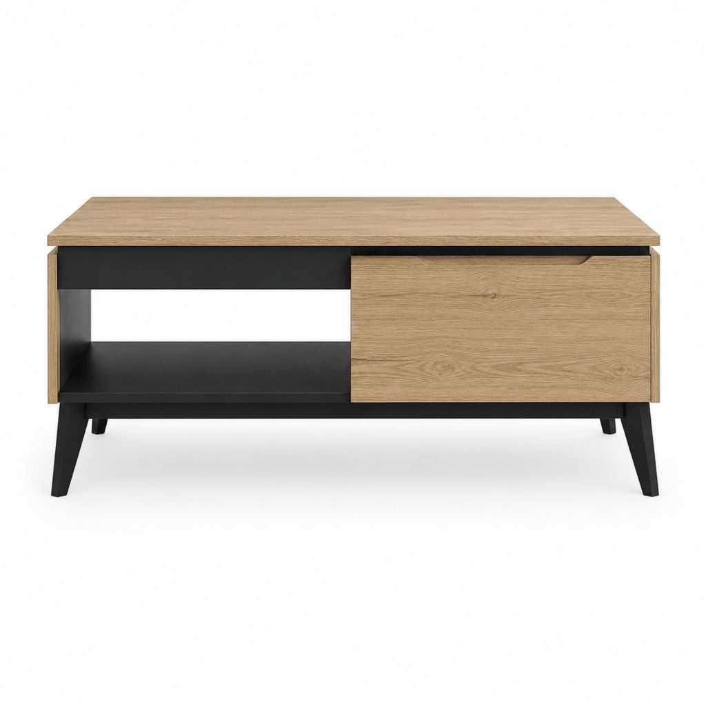 Table basse rectangulaire chêne clair et noir en panneaux de particules 120 x 60 x 50 cm avec rangement