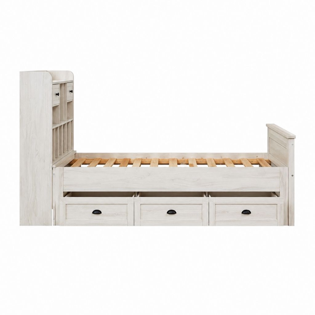 Lit enfant 90 x 190 cm avec rangement blanc effet chêne en MDF et sommier à lattes