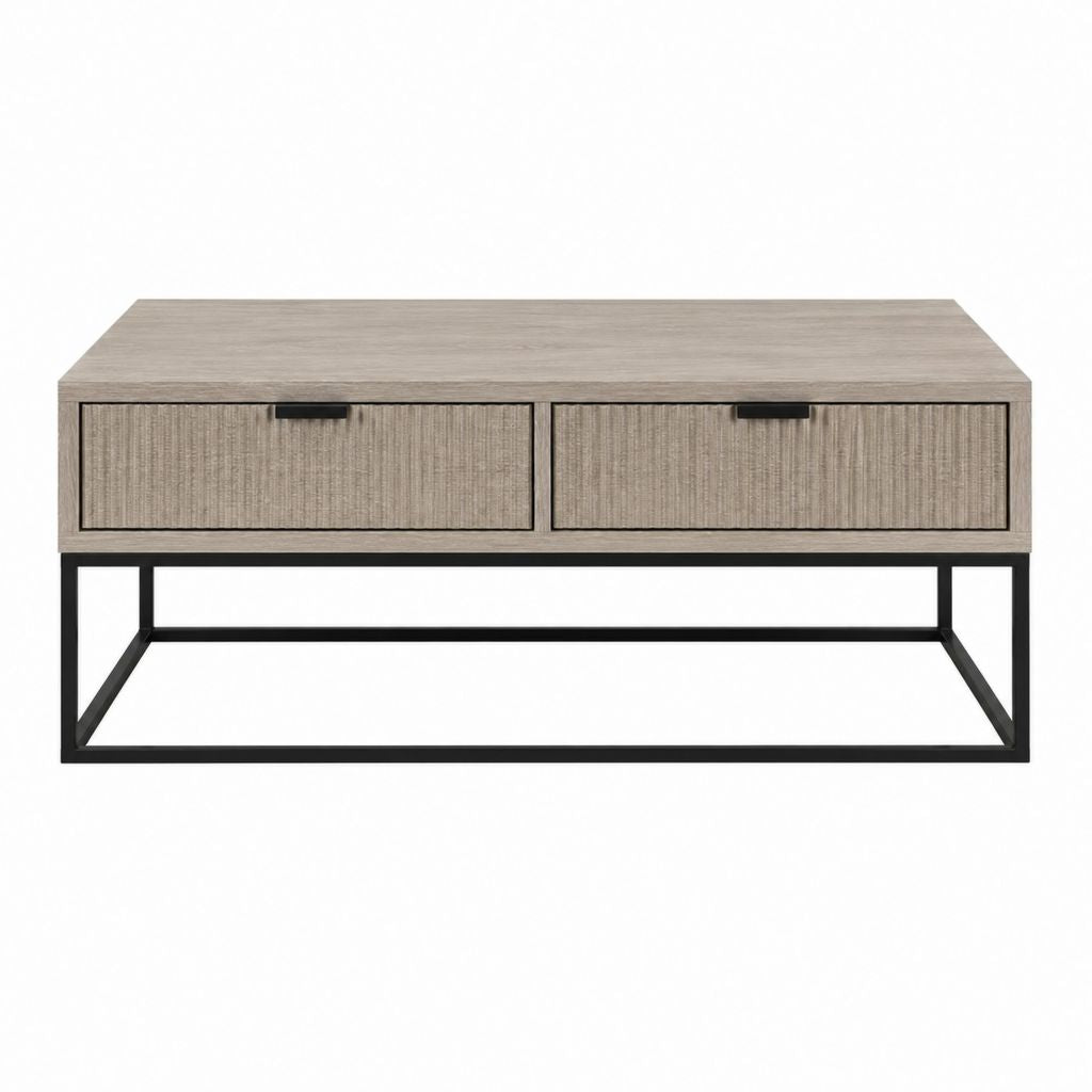 Table basse rectangulaire gris clair et noir en panneaux MDF et acier 120 x 60 x 45 cm avec 2 tiroirs