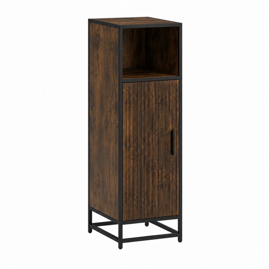 Colonne de salle de bain avec porte et niche ouverte marron foncé et noir en MDF et acier 40 x 30 x 120 cm