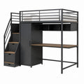 Lit mezzanine 90 x 190 cm noir et marron en acier et panneaux de particules avec escalier rangement armoire bureau