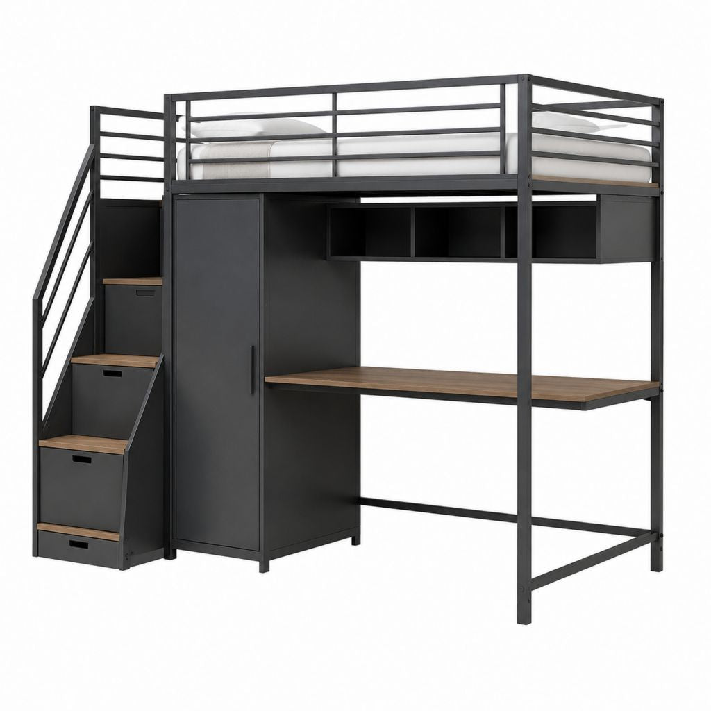 Lit mezzanine 90 x 190 cm noir et marron en acier et panneaux de particules avec escalier rangement armoire bureau