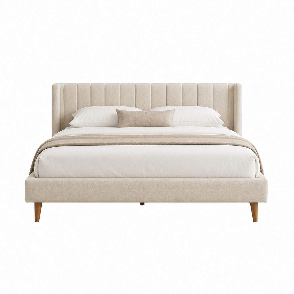 Lit double capitonné beige en polyester avec tête de lit rembourrée 160 x 200 cm